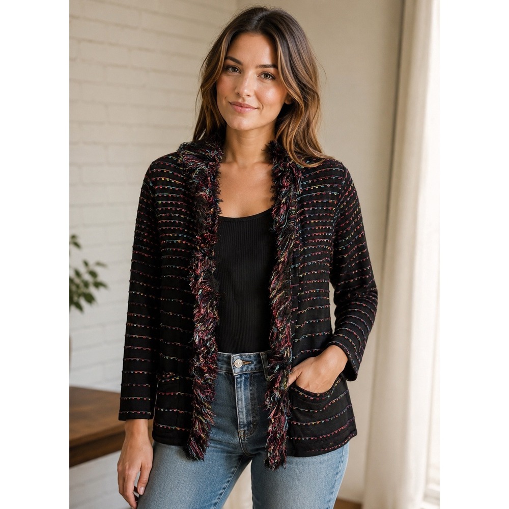 Vintage Brenda French Trends Black Fringe Trim Open Cardigan Sweater USA S